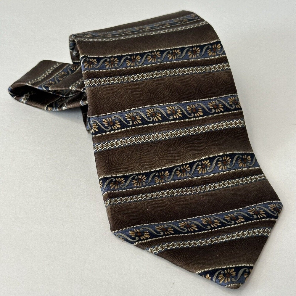 GEOFFREY BEENE Neck Tie, Brown/Blue w/Flowered stripes 100% Silk 57Lx3.75w